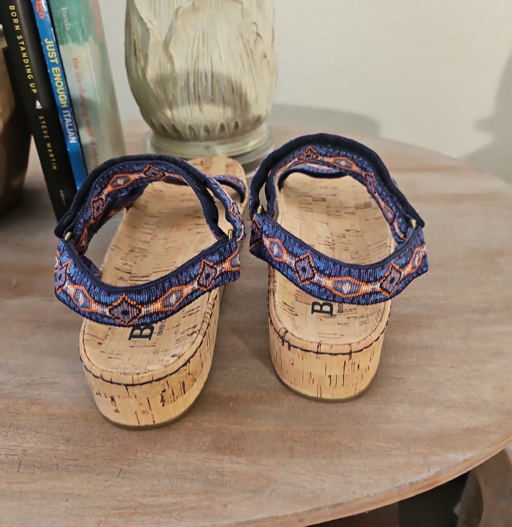 Born Womens Blue and Tan Patterned Cork Wedge Sandals - Picture 4 of 7